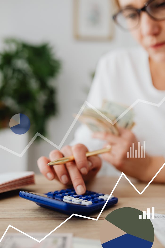 Woman using calculator with financial graph overlay, indicating data analysis, budgeting basics and finance planning.