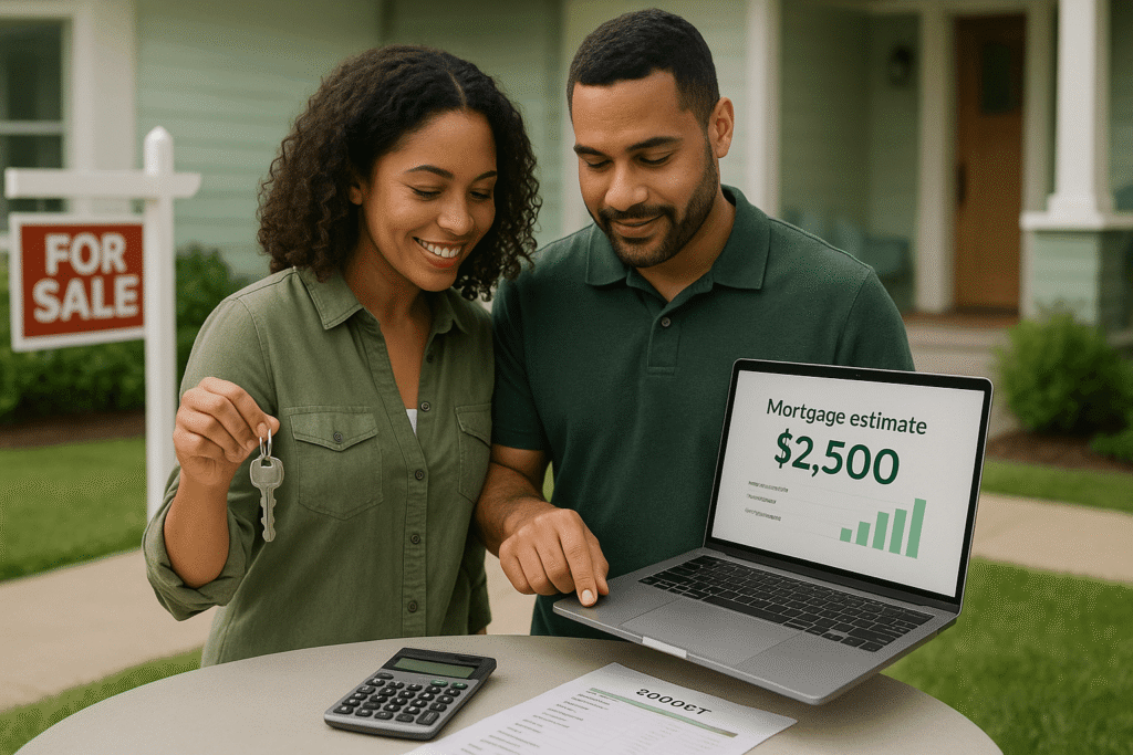 Mortgage Affordability Calculator (1) A couple holding key to their new home while holding a laptop computer they used the mortgage affordability calculator. to see how much house I can afford.